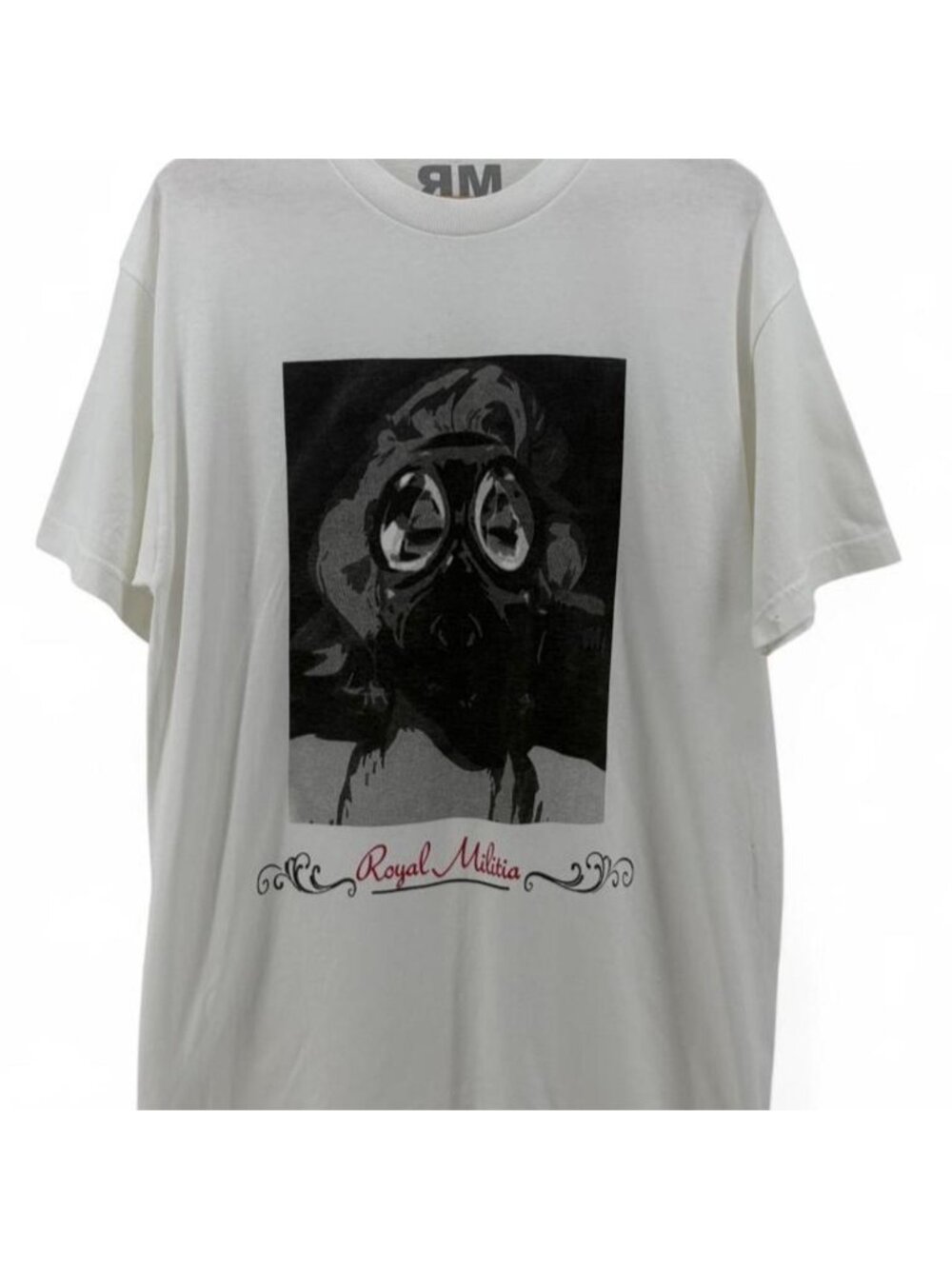 Super baggy Royal Militia white tee with black gas mask graphic.